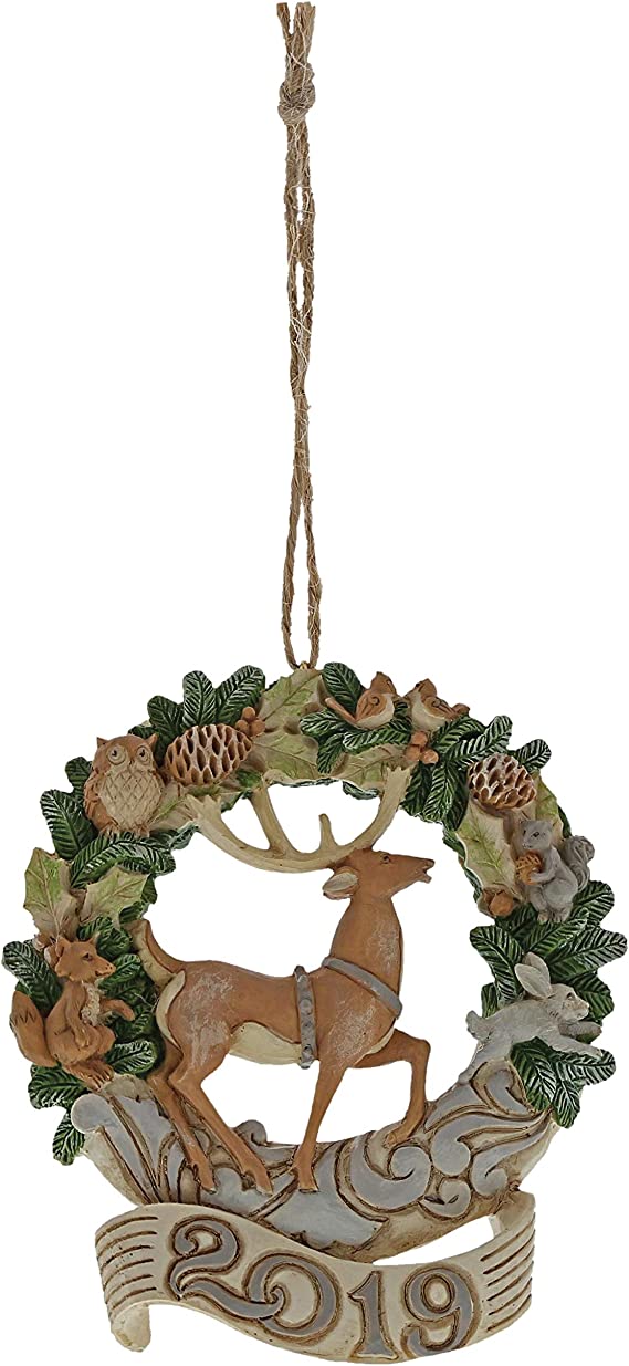 Jim Shore Heartwood Creek White Woodland Deer and Wreath Dated 2019 Ornament 3.86 in