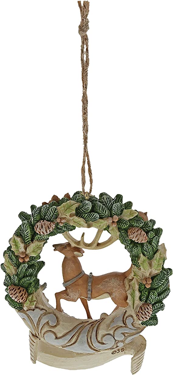 Jim Shore Heartwood Creek White Woodland Deer and Wreath Dated 2019 Ornament 3.86 in