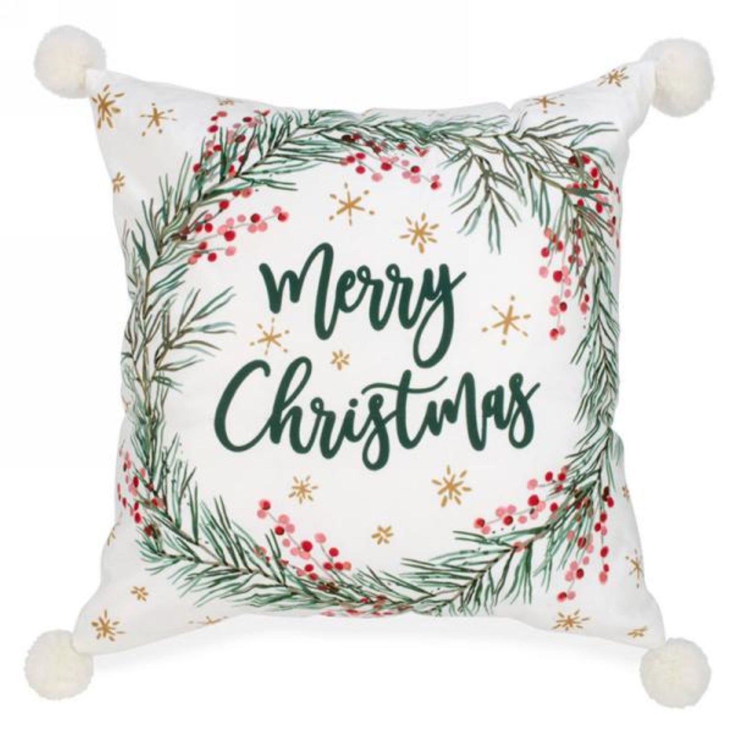 Merry Christmas Wreath with Pom Pom accent Decorative Throw Cushion