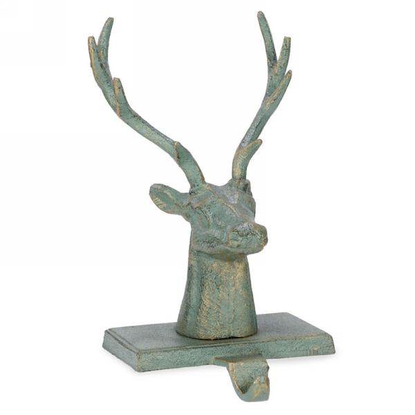 Heavy Distressed green metal mantle Reindeer Stocking Holder Hook